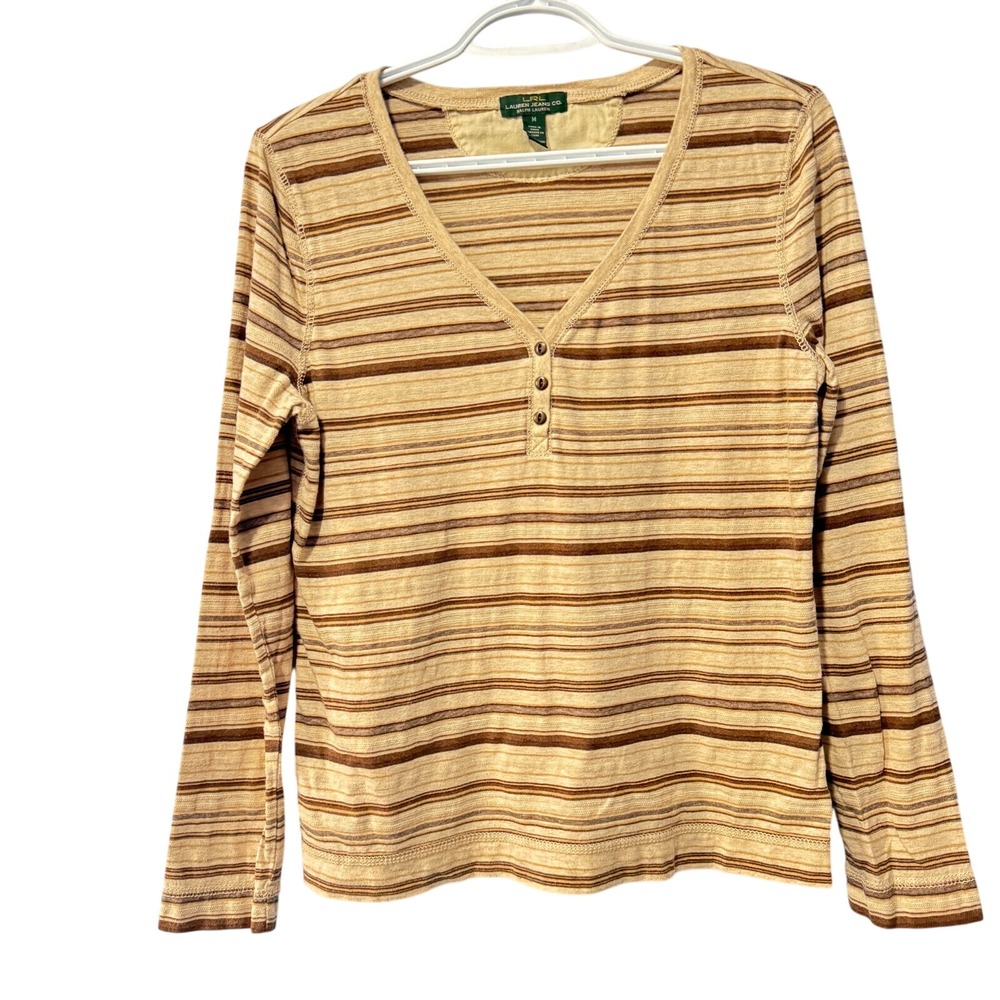 Lauren Ralph Lauren Jeans‎ Co Womens Tan Brown Striped Cotton Henley Top Medium